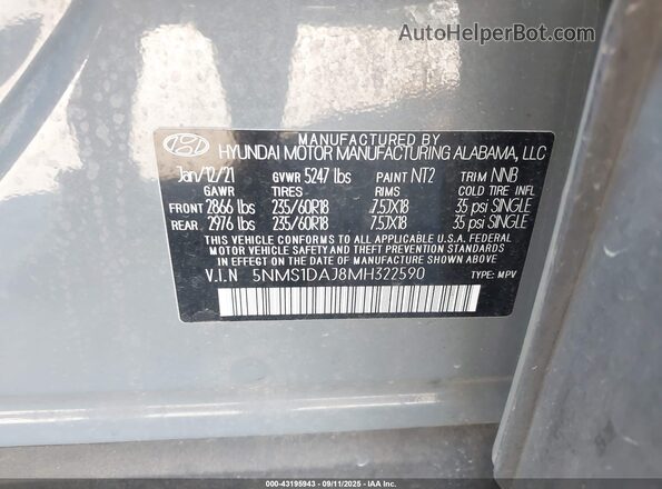 5NMS1DAJ8MH322590 2021 HYUNDAI SANTA FE Gray ძრავის განყოფილების ხედი