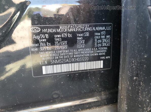 5NMS23AD1KH031220 2019 HYUNDAI SANTA Black Вид наклейки з VIN-кодом
