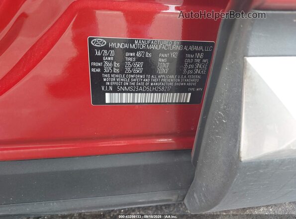 5NMS23AD5LH258217 2020 HYUNDAI SANTA FE Red Շարժիչի բաժամունքի տեսք