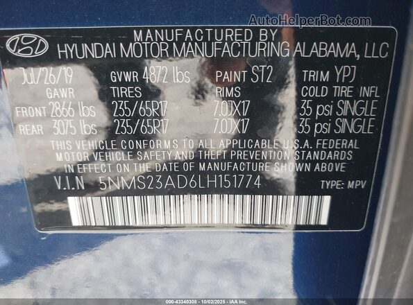 5NMS23AD6LH151774 2020 HYUNDAI SANTA FE Blue Շարժիչի բաժամունքի տեսք
