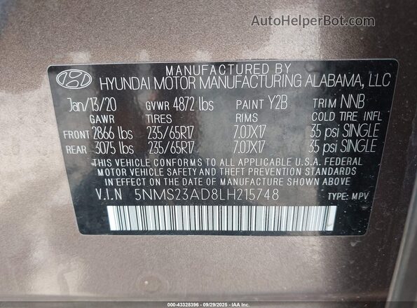 5NMS23AD8LH215748 2020 HYUNDAI SANTA FE Brown Vista del compartimento del motor