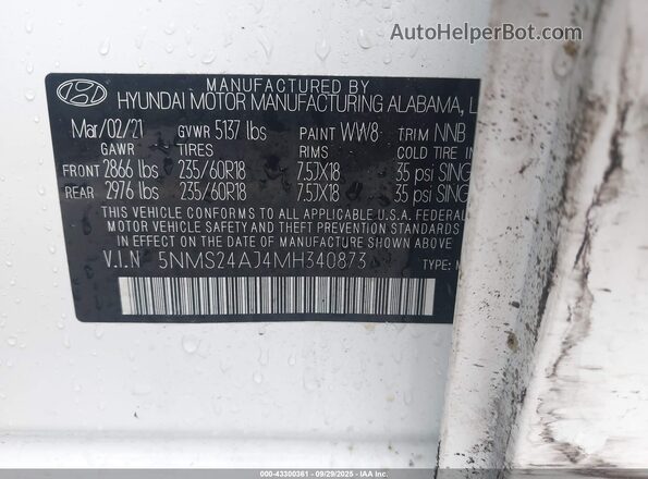5NMS24AJ4MH340873 2021 HYUNDAI SANTA FE Белый Вид подкапотного пространства