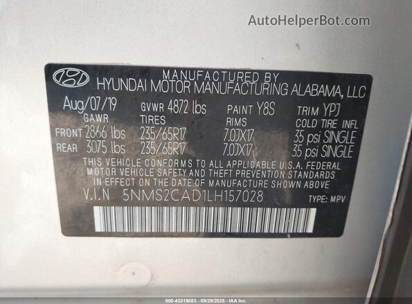 5NMS2CAD1LH157028 2020 HYUNDAI SANTA FE Silver Vista del compartimento del motor