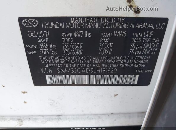 5NMS2CAD3LH191620 2020 HYUNDAI SANTA FE White Engine compartment view