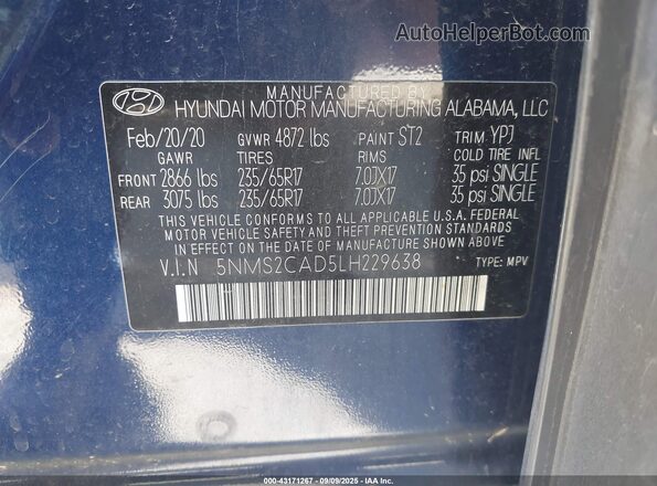 5NMS2CAD5LH229638 2020 HYUNDAI SANTA FE Blue Widok komory silnika
