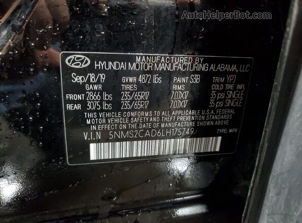 5NMS2CAD6LH175749 2020 HYUNDAI SANTA Black VIN կոդի պիտակի տեսք