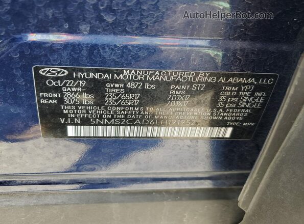 5NMS2CAD6LH191952 2020 HYUNDAI SANTA Blue 360 interior view