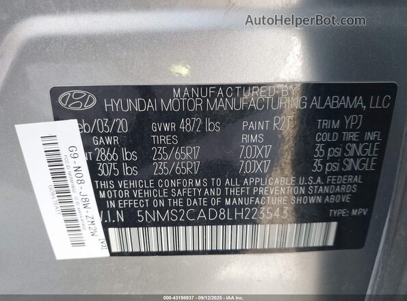 5NMS2CAD8LH223543 2020 HYUNDAI SANTA FE Silver Շարժիչի բաժամունքի տեսք