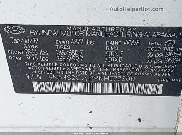5NMS2CAD9KH077300 2019 HYUNDAI SANTA FE White Vista del compartimento del motor