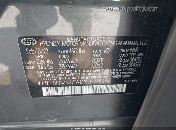 5NMS2CADXLH228646 2020 HYUNDAI SANTA FE Gray Вид підкапотного простору