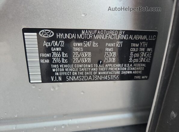 5NMS2DAJ3NH451156 2022 HYUNDAI SANTA Silver Widok wnętrza 360 stopni