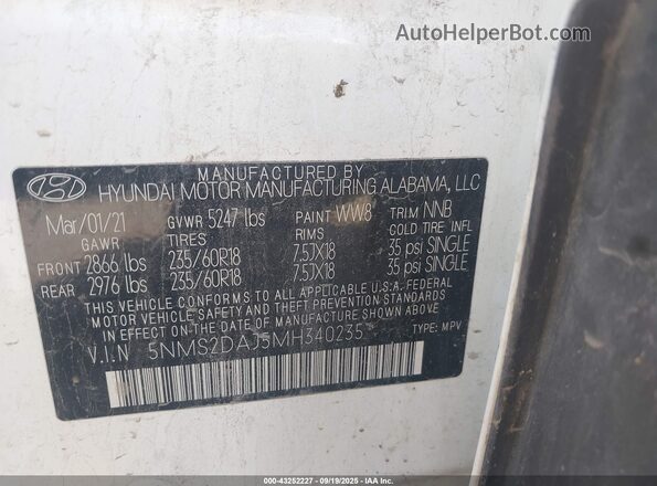 5NMS2DAJ5MH340235 2021 HYUNDAI SANTA FE White Вид підкапотного простору