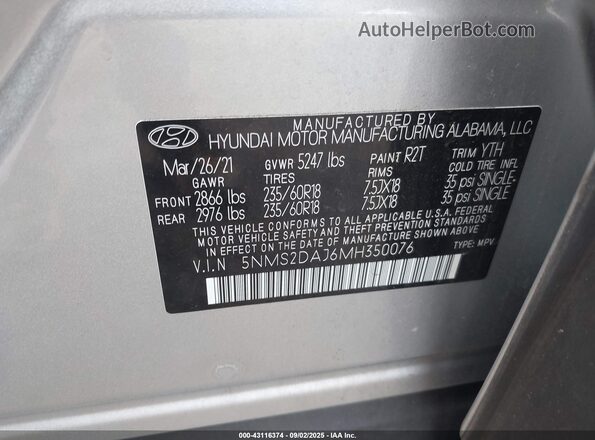 5NMS2DAJ6MH350076 2021 HYUNDAI SANTA FE Silver Widok komory silnika