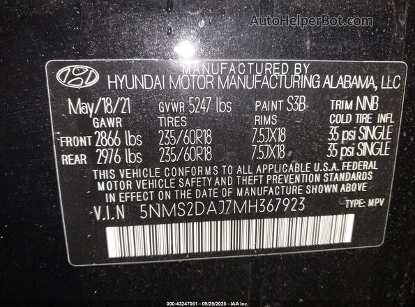 5NMS2DAJ7MH367923 2021 HYUNDAI SANTA FE Black Շարժիչի բաժամունքի տեսք
