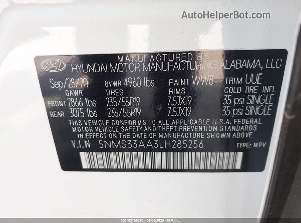 5NMS33AA3LH285256 2020 HYUNDAI SANTA FE White Вид підкапотного простору