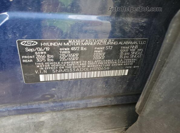 5NMS33AD0LH170656 2020 HYUNDAI SANTA Blue VIN կոդի պիտակի տեսք