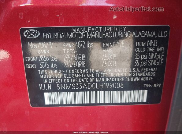 5NMS33AD0LH199008 2020 HYUNDAI SANTA FE Red Շարժիչի բաժամունքի տեսք