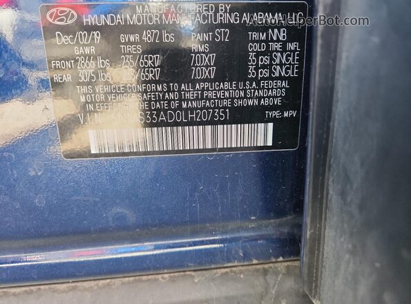 5NMS33AD0LH207351 2020 HYUNDAI SANTA Blue VIN կոդի պիտակի տեսք