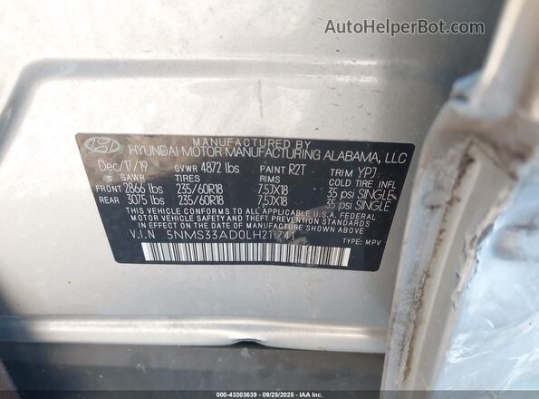 5NMS33AD0LH211741 2020 HYUNDAI SANTA FE Silver Engine compartment view