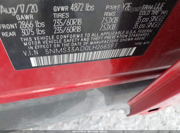 5NMS33AD0LH266593 2020 HYUNDAI SANTA FE Red Vista del compartimento del motor