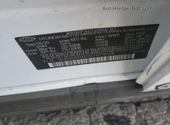 5NMS33AD3LH273568 2020 HYUNDAI SANTA Белый Панорамный вид салона 360°