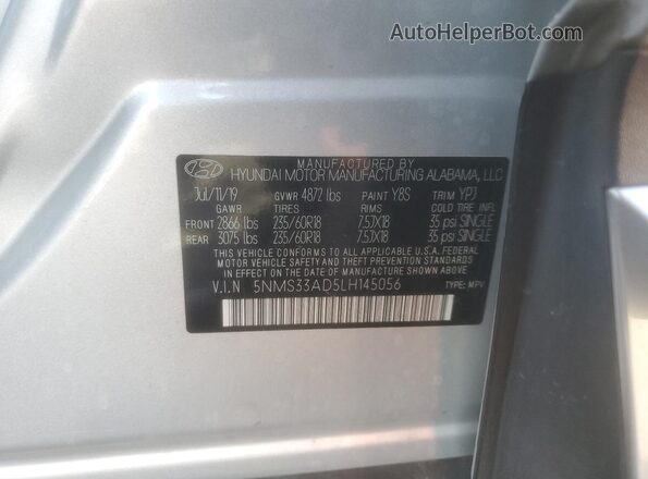 5NMS33AD5LH145056 2020 HYUNDAI SANTA Серебряный Панорамный вид салона 360°