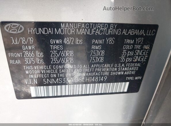 5NMS33AD5LH148149 2020 HYUNDAI SANTA FE Silver Շարժիչի բաժամունքի տեսք