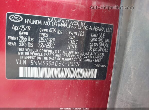 5NMS33AD6KH116826 2019 HYUNDAI SANTA FE Красный Вид подкапотного пространства