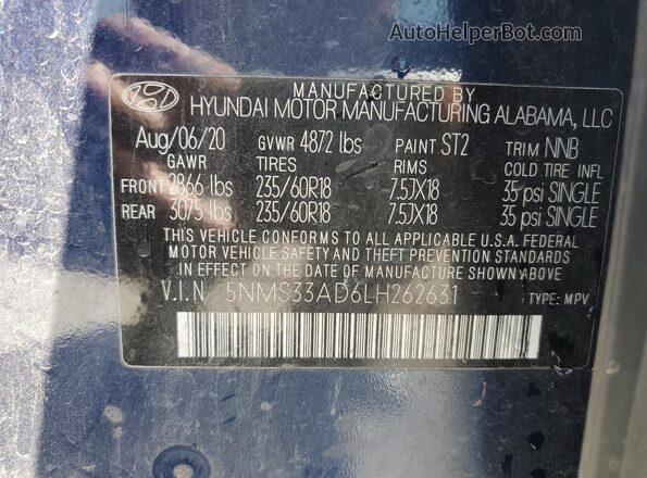 5NMS33AD6LH262631 2020 HYUNDAI SANTA Blue VIN կոդի պիտակի տեսք