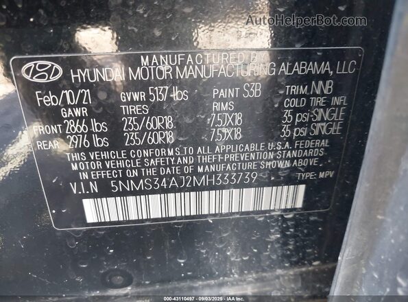 5NMS34AJ2MH333739 2021 HYUNDAI SANTA FE Black Շարժիչի բաժամունքի տեսք