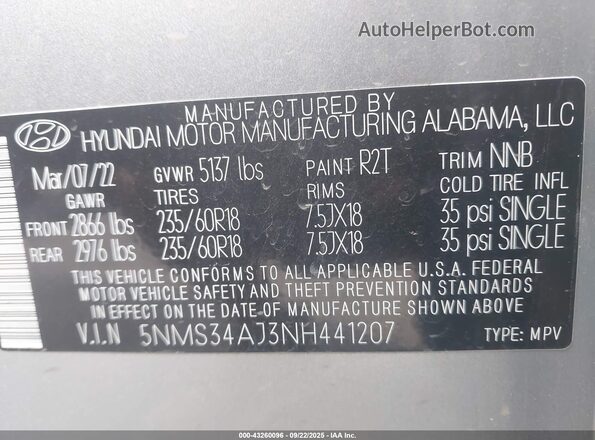 5NMS34AJ3NH441207 2022 HYUNDAI SANTA FE Серебряный Вид подкапотного пространства