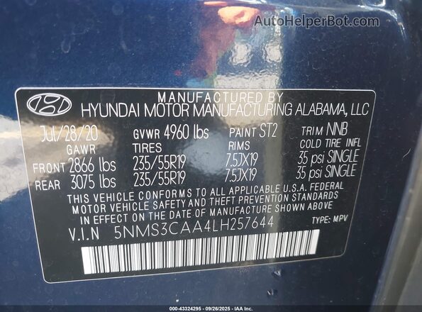 5NMS3CAA4LH257644 2020 HYUNDAI SANTA FE Blue Vista del compartimento del motor