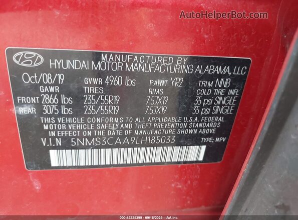 5NMS3CAA9LH185033 2020 HYUNDAI SANTA FE Burgundy Вид підкапотного простору