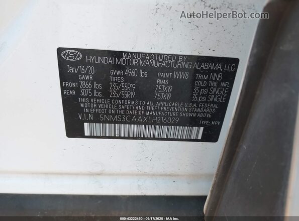 5NMS3CAAXLH216029 2020 HYUNDAI SANTA FE White Widok komory silnika