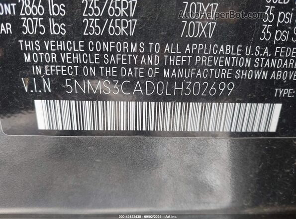 5NMS3CAD0LH302699 2020 HYUNDAI SANTA FE Gray Engine compartment view