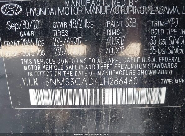 5NMS3CAD4LH286460 2020 HYUNDAI SANTA FE Black Engine compartment view