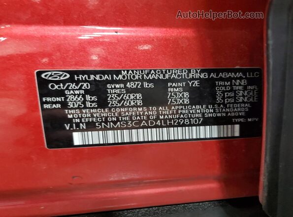 5NMS3CAD4LH298107 2020 HYUNDAI SANTA Red VIN կոդի պիտակի տեսք
