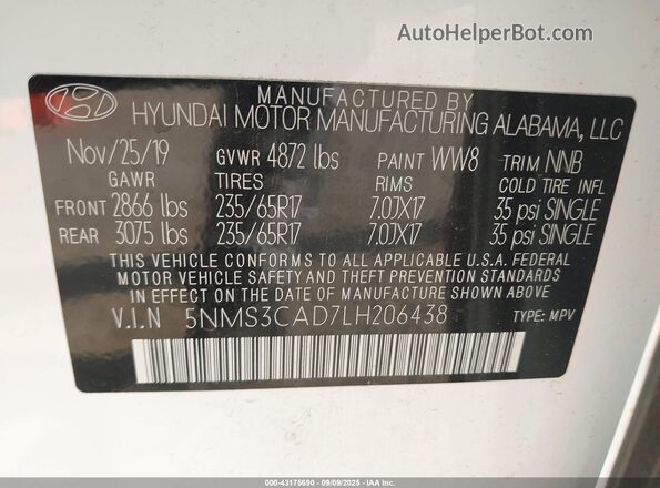 5NMS3CAD7LH206438 2020 HYUNDAI SANTA FE White Շարժիչի բաժամունքի տեսք