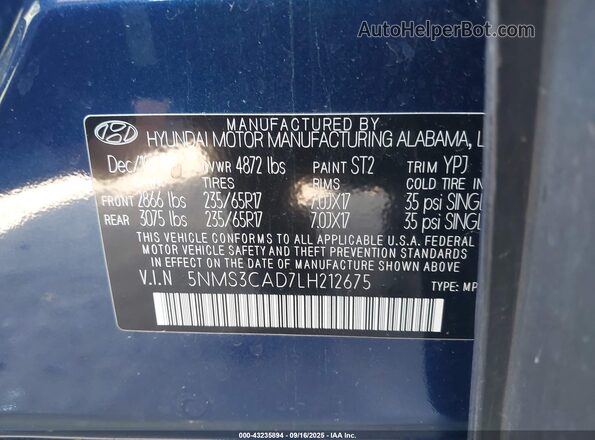 5NMS3CAD7LH212675 2020 HYUNDAI SANTA FE Blue Շարժիչի բաժամունքի տեսք