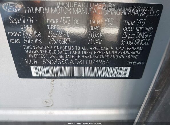 5NMS3CAD8LH174986 2020 HYUNDAI SANTA FE Серебряный Вид подкапотного пространства