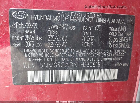 5NMS3CADXLH230815 2020 HYUNDAI SANTA FE Red Շարժիչի բաժամունքի տեսք