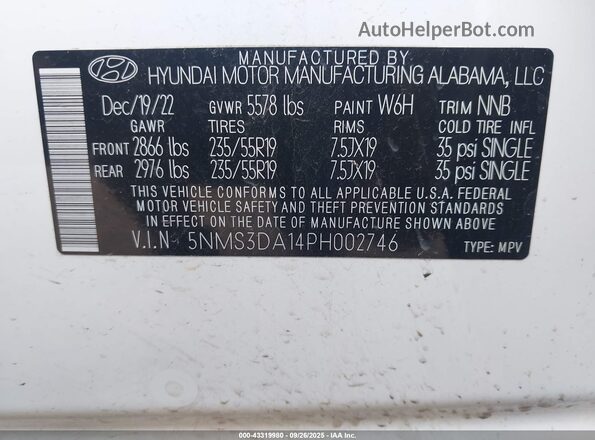 5NMS3DA14PH002746 2023 HYUNDAI SANTA FE HYBRID White Շարժիչի բաժամունքի տեսք