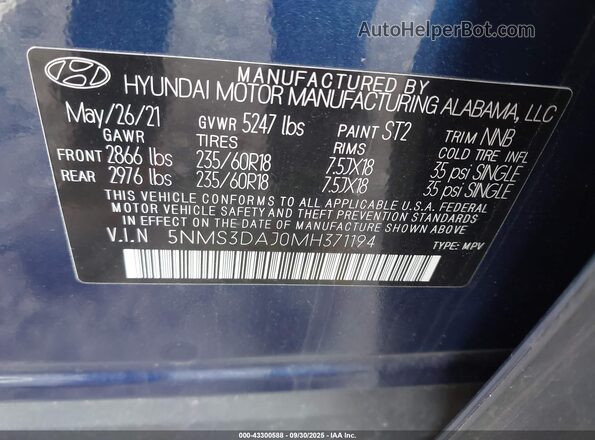 5NMS3DAJ0MH371194 2021 HYUNDAI SANTA FE Blue Շարժիչի բաժամունքի տեսք