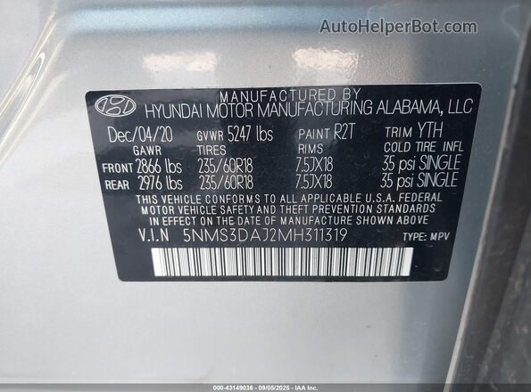 5NMS3DAJ2MH311319 2021 HYUNDAI SANTA FE Silver ძრავის განყოფილების ხედი