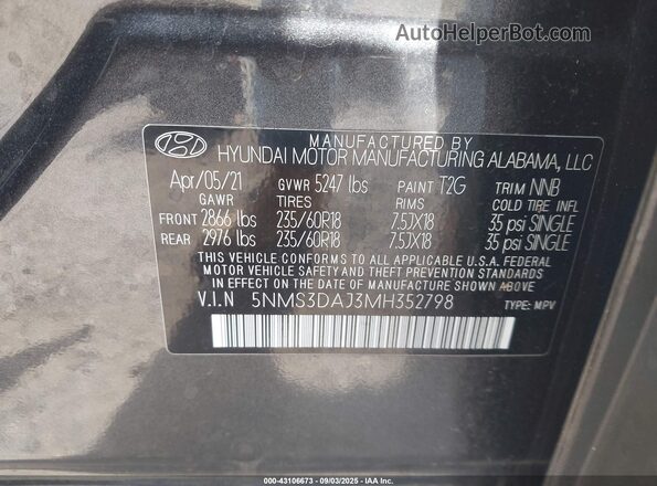 5NMS3DAJ3MH352798 2021 HYUNDAI SANTA FE Серый Вид подкапотного пространства