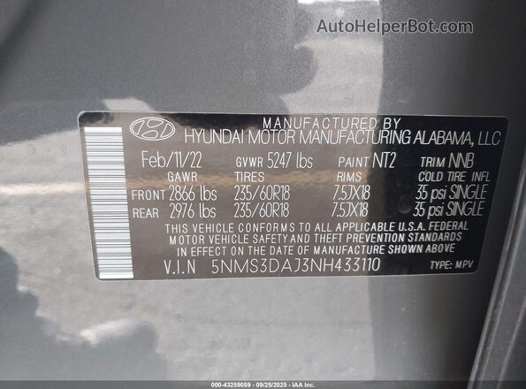 5NMS3DAJ3NH433110 2022 HYUNDAI SANTA FE Gray Vista del compartimento del motor