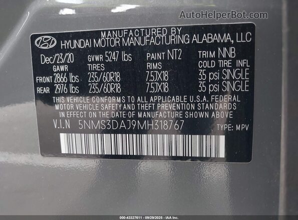 5NMS3DAJ9MH318767 2021 HYUNDAI SANTA FE Gray Vista del compartimento del motor