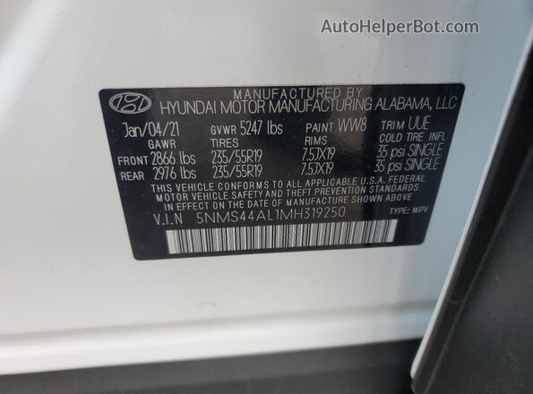 5NMS44AL1MH319250 2021 HYUNDAI SANTA White 
