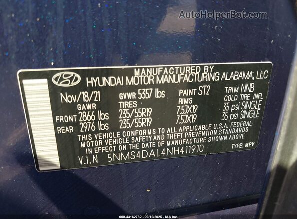 5NMS4DAL4NH411910 2022 HYUNDAI SANTA FE Blue Vista del compartimento del motor