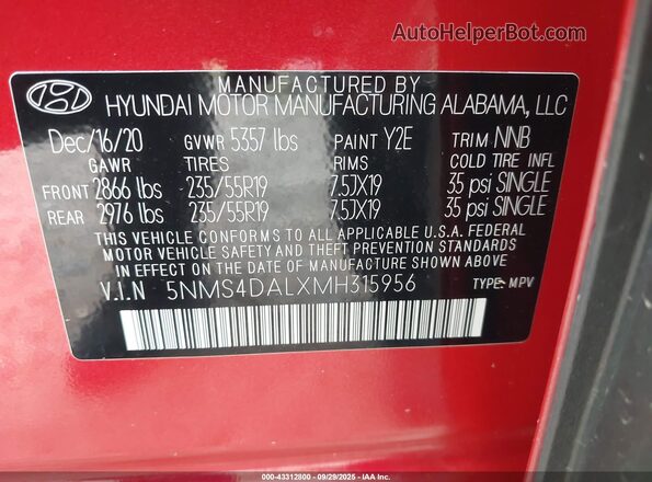 5NMS4DALXMH315956 2021 HYUNDAI SANTA FE Red 